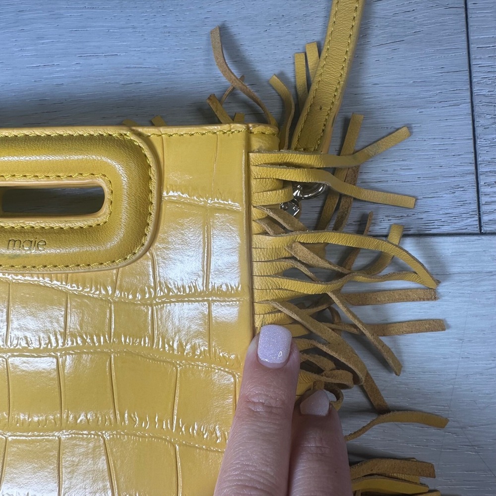 Maje mini embossed leather M bag cross body shoulder handbag yellow purse fringe - Picture 7 of 15
